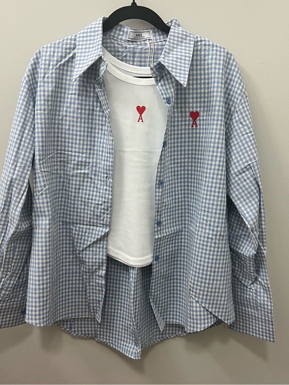 Ami Alexandre Mattiussi Blue & White Gingham Button-Down with Red Heart Detail